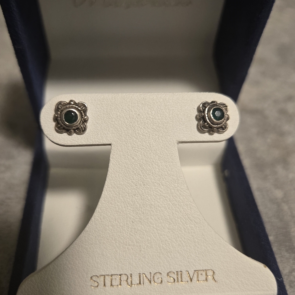 Vintage Sterling Silver Floral Stud Earrings with Green Gem
